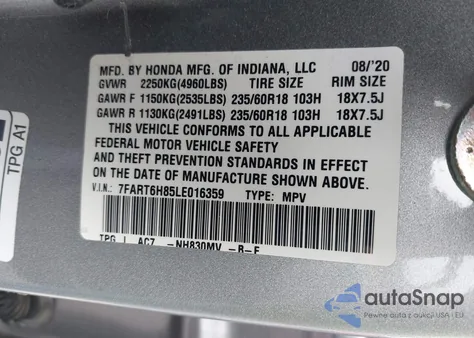 2020 Honda Cr-V Hybrid Ex-L z USA, uszkodzony, nr VIN 7FART6H85LE016359